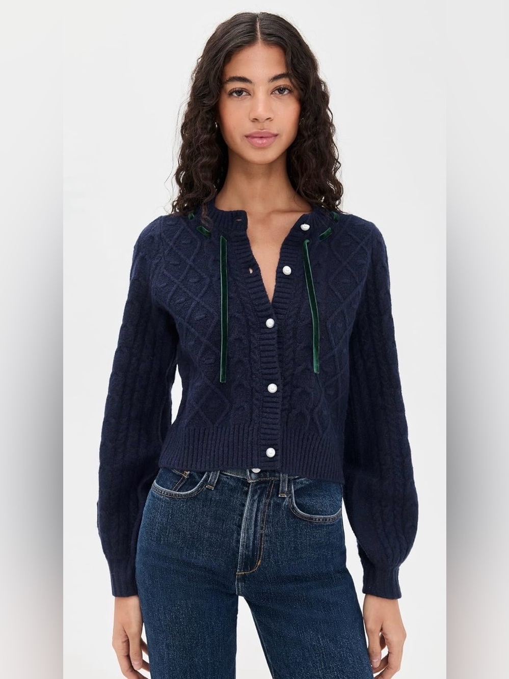 WAYF Navy Cable-Knit Button Cardigan with Contrast Ties, size Medium